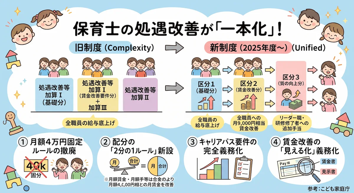 2. 保育士の処遇改善が「一本化」！新制度の3区分と主な変更点